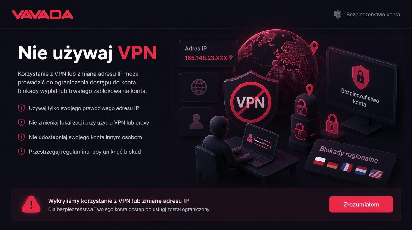 Ilustracja zakazu używania VPN i ochrony konta