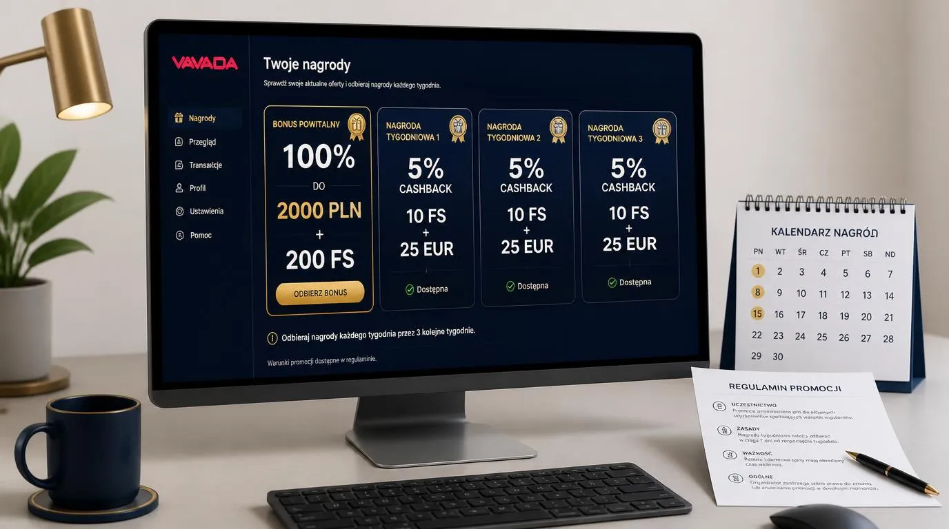 Panel nagród kasynowych z ofertą powitalną, cashbackiem i cotygodniowymi darmowymi spinami