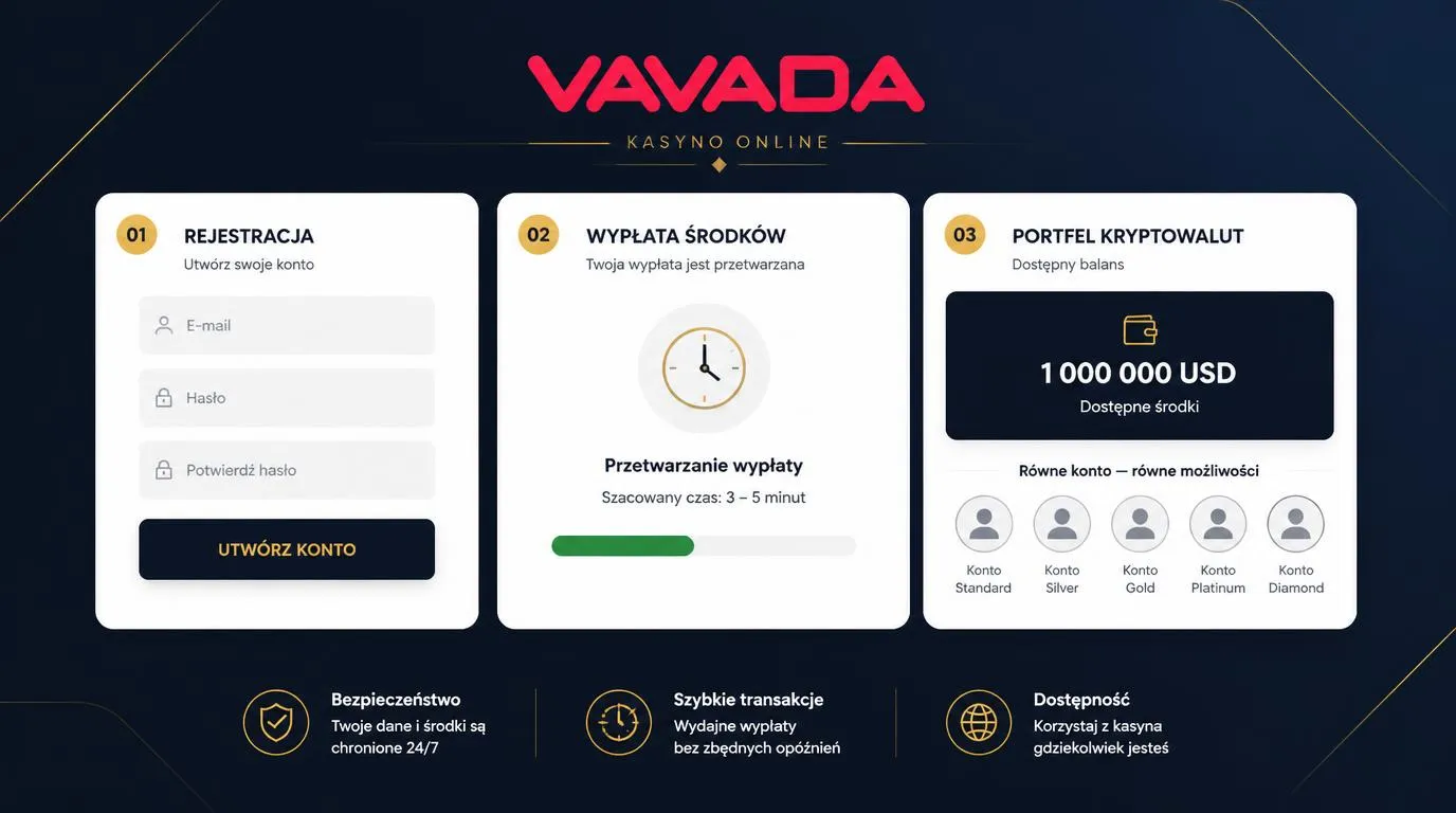 Panel kasyna z krótkim formularzem rejestracji, statusem wypłaty i limitem kryptowalutowym 1 000 000 USD