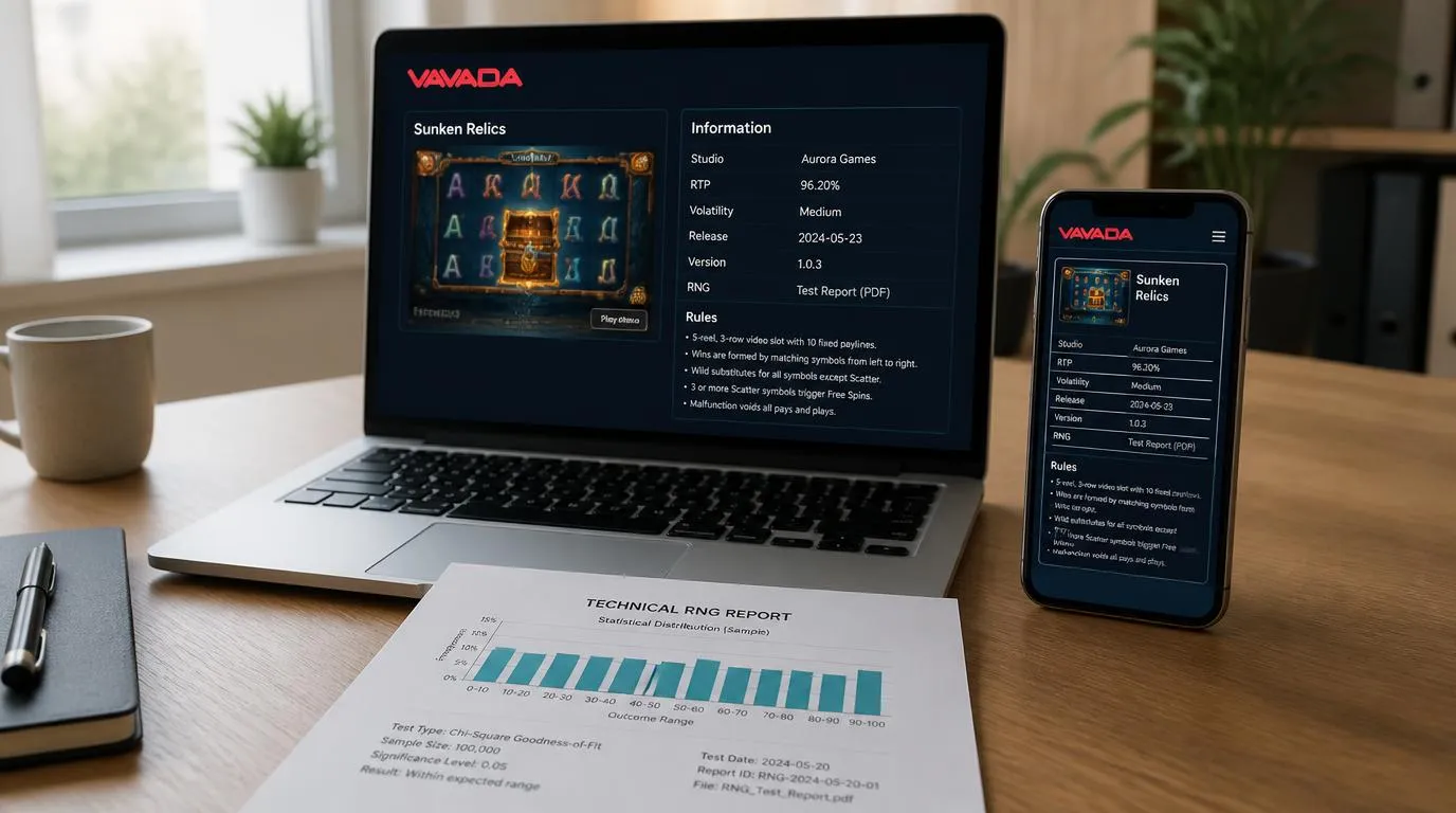 Panel informacji o grze kasynowej z nazwą studia, parametrem RTP i dokumentacją testów RNG